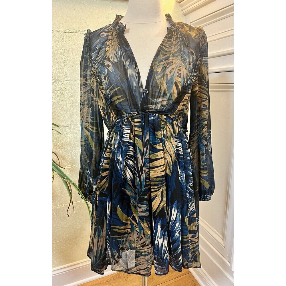 Karlie Blue & Black Long Sleeve Palm Dress Women's Size Small Bohemian
